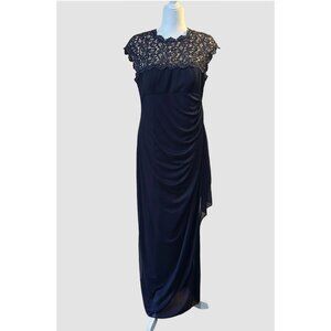 Womens Alex Evenings Dress Holiday Formal Navy Lace Cap Ruched Chiffon size 14